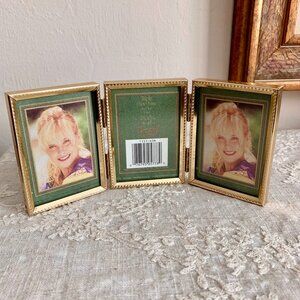 Vintage Beautiful Mini Hinged Gold Tone Triple Photo Frame